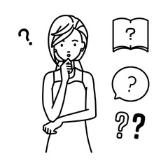 立って手をあごにあてて疑問を感じているドレスの女性 クエスチョンマークのセット