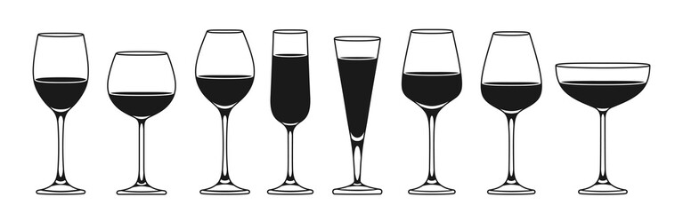 Wineglass different types sign icon set. Glass for red, sparkling wine champagne liquor alcohol beverages, engraving various shapes. Winemaking monochrome advertisement design for cafe, restaurant