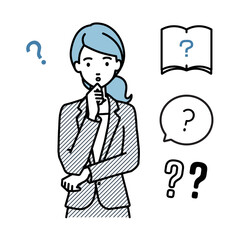 立って手をあごにあてて疑問を感じているスーツの女性 クエスチョンマークのセット