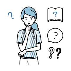 立って手をあごにあてて疑問を感じているポロシャツの女性 クエスチョンマークのセット