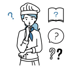 立って手をあごにあてて疑問を感じている調理師の女性 クエスチョンマークのセット