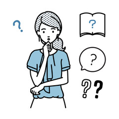 立って手をあごにあてて疑問を感じているオフィスカジュアルの女性 クエスチョンマークのセット