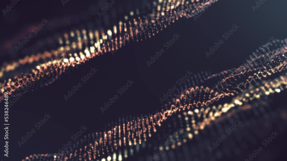 Poster abstract futuristic mesh dark gold blue dots digital luxurious sparkling wave particles flows on the