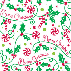 Seamless Pattern of Christmas with Candy Cane and Merry Christmas wordings-Christmas Vector Design  