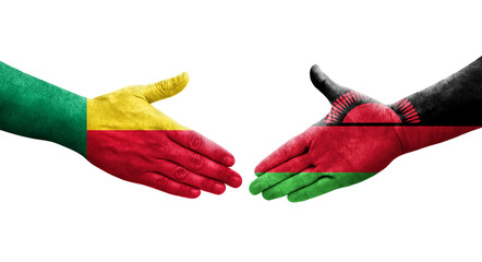 Handshake between Benin and Malawi flags painted on hands, isolated transparent image.