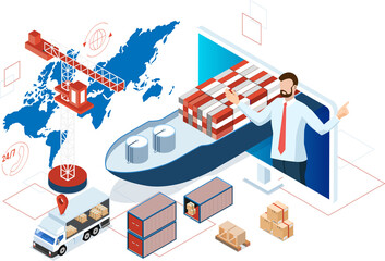 Fototapeta na wymiar 3D isometric Global logistics network concept with Transportation operation service, Export, Import, Cargo, Air, Road, Maritime delivery. PNG illustration