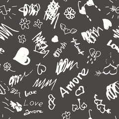 Groovy seamless pattern with scribbles. Love lettering allover print for paper, fabric, different surface. Love, hearts, flowers, scribbles. Fun and romantic illustration, Valentine's day card