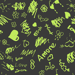Groovy seamless pattern with scribbles. Love lettering allover print for paper, fabric, different surface. Love, hearts, flowers, scribbles. Fun and romantic illustration, Valentine's day card