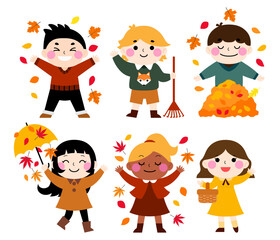 Happy fall cartoon illustration, children in fall character design