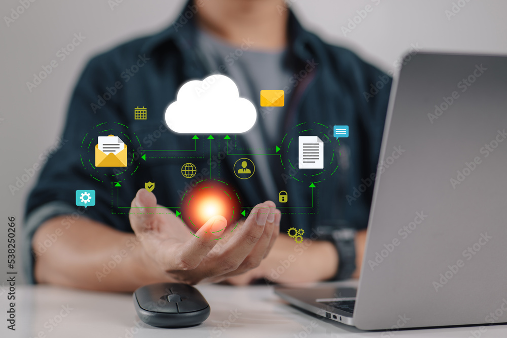 Poster A laptop connected to a network for cloud computing. A database with a company icon is filled with information and data from online devices.