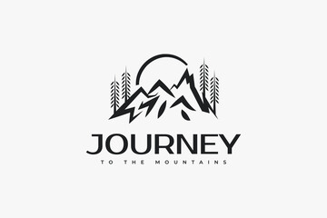 Big Mountain Logo with Sun and Trees. Mountain Hill Vector Illustration. Suitable for Resort, Camp and Tourism Industry Logo