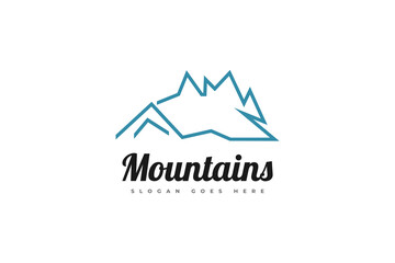 Abstract Blue Mountain Logo Design with Outline Style. Mountain Hill Vector Illustration. Suitable for Resort, Camp and Tourism Industry Logo