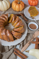 Fresh home made pumpkin bundt cake with cinnamon frosting