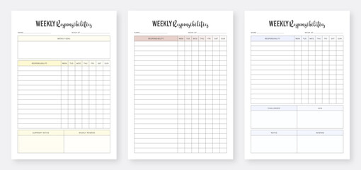 Weekly responsibilities planner template. Responsibility checklist planner template design. Minimalist Planner Template Set. Planner Set & Planner Bundle Design. Organizer & Schedule Planner.  - obrazy, fototapety, plakaty