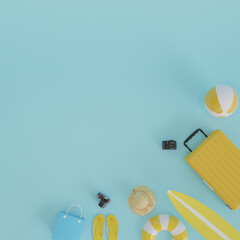 summer holidays, Yellow suitcase with tourist accessories on summer holidays blue background, blank space. 3d rendering