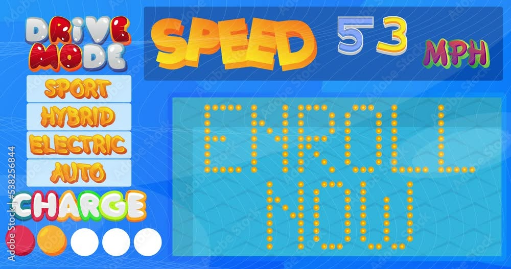 Poster cartoon car dashboard with enroll now text. digital graphical user interface animation.
