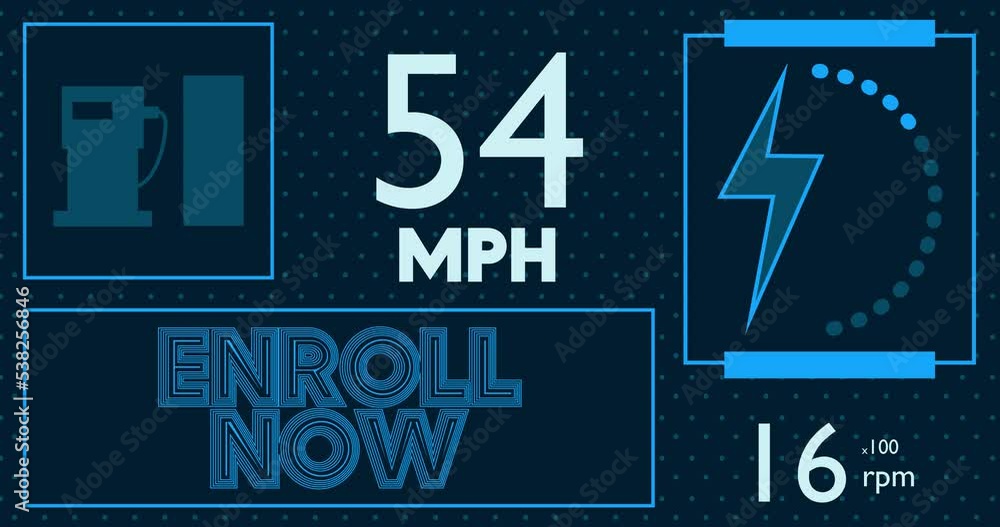 Poster hybrid car dashboard with enroll now text. digital graphical user interface animation.