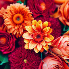 Different beautiful flowers. Panorama of colorful summer flowers. Beautiful bouquet of flowers. Close up of wedding flowers