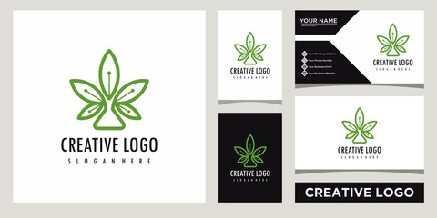 green leaf nature logo design template with business card design