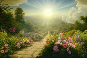 Garden illustration landscape art pathway heaven artwork paradise sun light flowers nature background sky clouds faith religion dream 