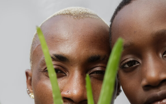 Faces of father and son behind an aloe vera plant