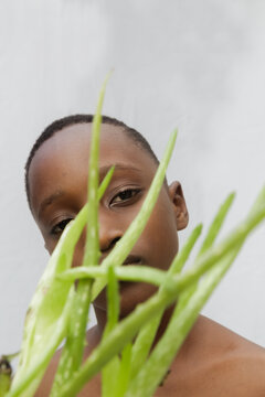 Portrait of a child behind an aloe vera plant