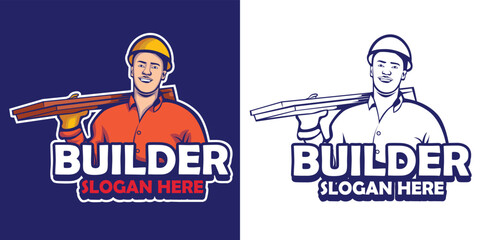 Fototapeta na wymiar The Builder Mascot Logo Cartoon . Thumbs up builder man character. logo template for any business identity architecture, property, real estate, housing solutions, home staging, building engineers, etc