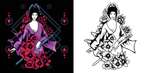geisha illustration with sacred geometry background