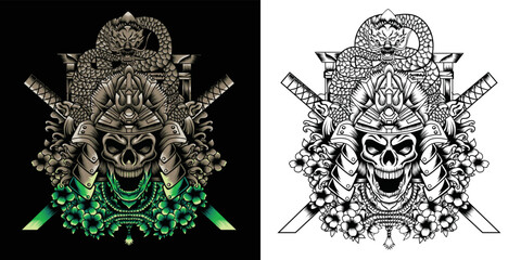 samurai skull with japanese dragon and katana illustration