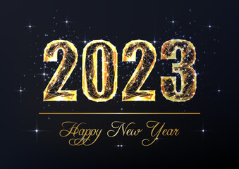 Happy 2023 New Year elegant greeting card template with gold glowing digits on black background