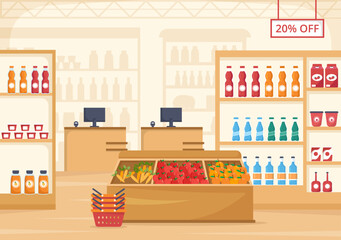Naklejka premium Grocery Store or Supermarket with Food Product Shelves, Racks Dairy, Fruits and Drinks for Shopping in Flat Cartoon Hand Drawn Templates Illustration