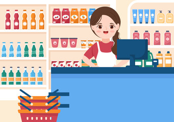 Grocery Store or Supermarket with Food Product Shelves, Racks Dairy, Fruits and Drinks for Shopping in Flat Cartoon Hand Drawn Templates Illustration