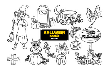 Halloween hand drawn doodle. Cute Halloween Digital Stamp Set.