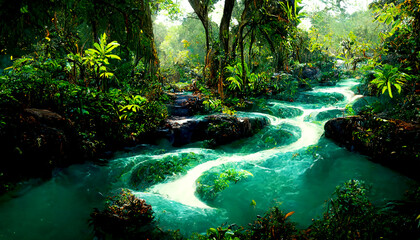 Obraz premium Beautiful river in lush jungle with waterfalls, The river flows through the mountains and the forest