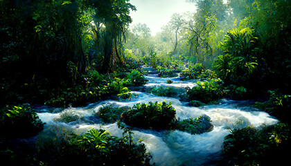 Obraz premium Beautiful river in lush jungle with waterfalls, The river flows through the mountains and the forest
