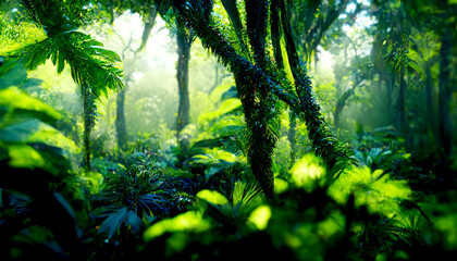 Fantastic lush jungle, Tall trees and green vines all around
