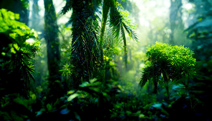 Fantastic lush jungle, Tall trees and green vines all around