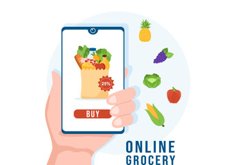 Online Grocery Store or Supermarket to Order Daily Necessities or Food via the App in Flat Cartoon Hand Drawn Templates Illustration