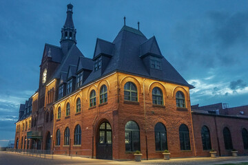 Fototapeta premium Jersey City, NJ, USA: Nightime view of the Central Railroad of New Jersey Terminal building in Liberty State Park, constructed in 1889.