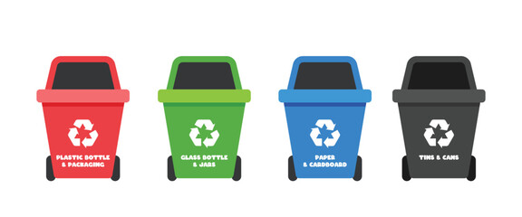 Set of multicolor recycling bin vector design. Simple red, green, blue and black dustbin and waste management labels clipart. Cute dustbin cartoon flat vector. Gargbage sorting flat icon