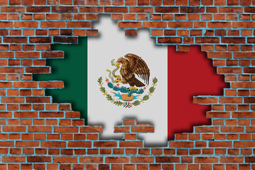 3D Flag of Mexico behind the broken old stone wall background.