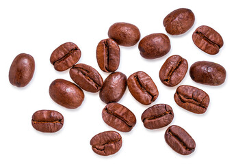 Roasted coffee beans isolated on white background, With work path.