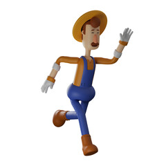  3D illustration. Farmer 3D character runs fast. with the pose of one leg lifted backwards and both arms swinging. showing a hasty expression. 3D Cartoon Character