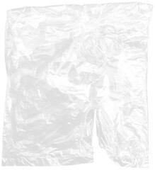 plastic transparent cellophane bag on white background. The texture looks blank and shiny. The plastic surface is wrinkly and tattered making abstract pattern.