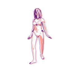 Illustration of a beautiful fashion model posing in a stylish swimsuit. Young attractive woman in bikini. Sketch style outline