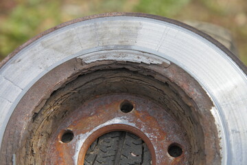 Heavy layered corrosion on vented car brake disc inside surface closeup