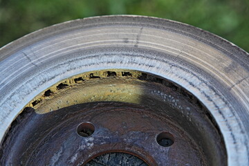 Abrasion stripes on bad grinded used ventilated brake rotor disc surface fragment close up