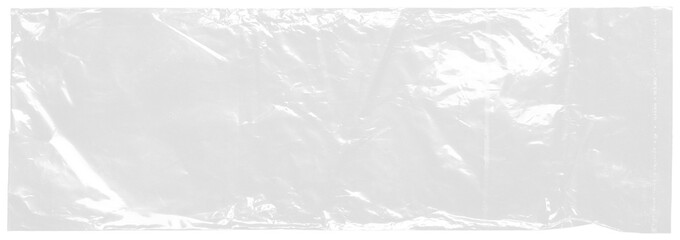 plastic transparent cellophane bag on white background. The texture looks blank and shiny. The plastic surface is wrinkly and tattered making abstract pattern. - obrazy, fototapety, plakaty