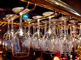 Tochigi,Japan - October 14, 2022: Closeup of wine glasses on glass hanger
