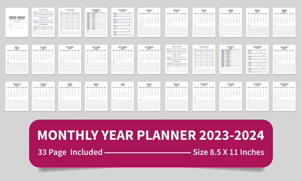 Monthly Year Planner 2023-2024  Interior Template with Calendar 
